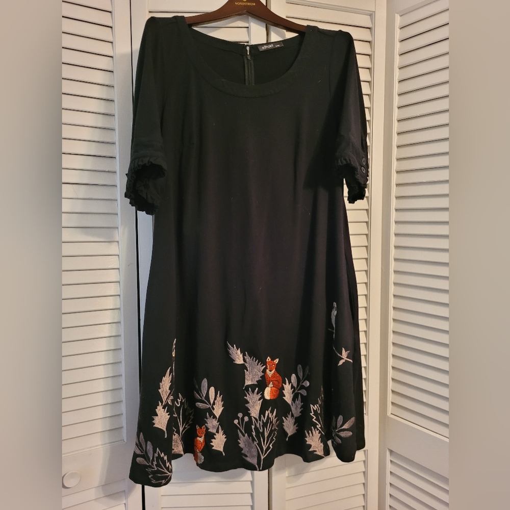 eShakti Black Midi Dress with Owl and Fox Embroidery Size 16W With Pockets